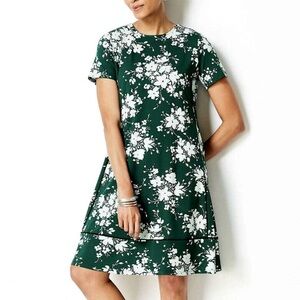 J. Jill M Wearever Green Floral wBlack Trim Perfect T-Shirt Dress New no tag